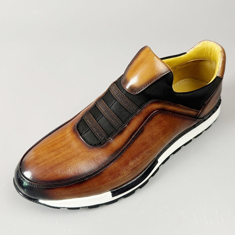 Men's slip-on faux leather trainers with a patina finish, elastic straps and a yellow lining - view 4