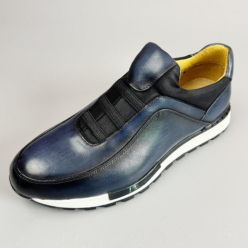 Men's slip-on faux leather trainers with a patina finish, elastic straps and a yellow lining - view 5