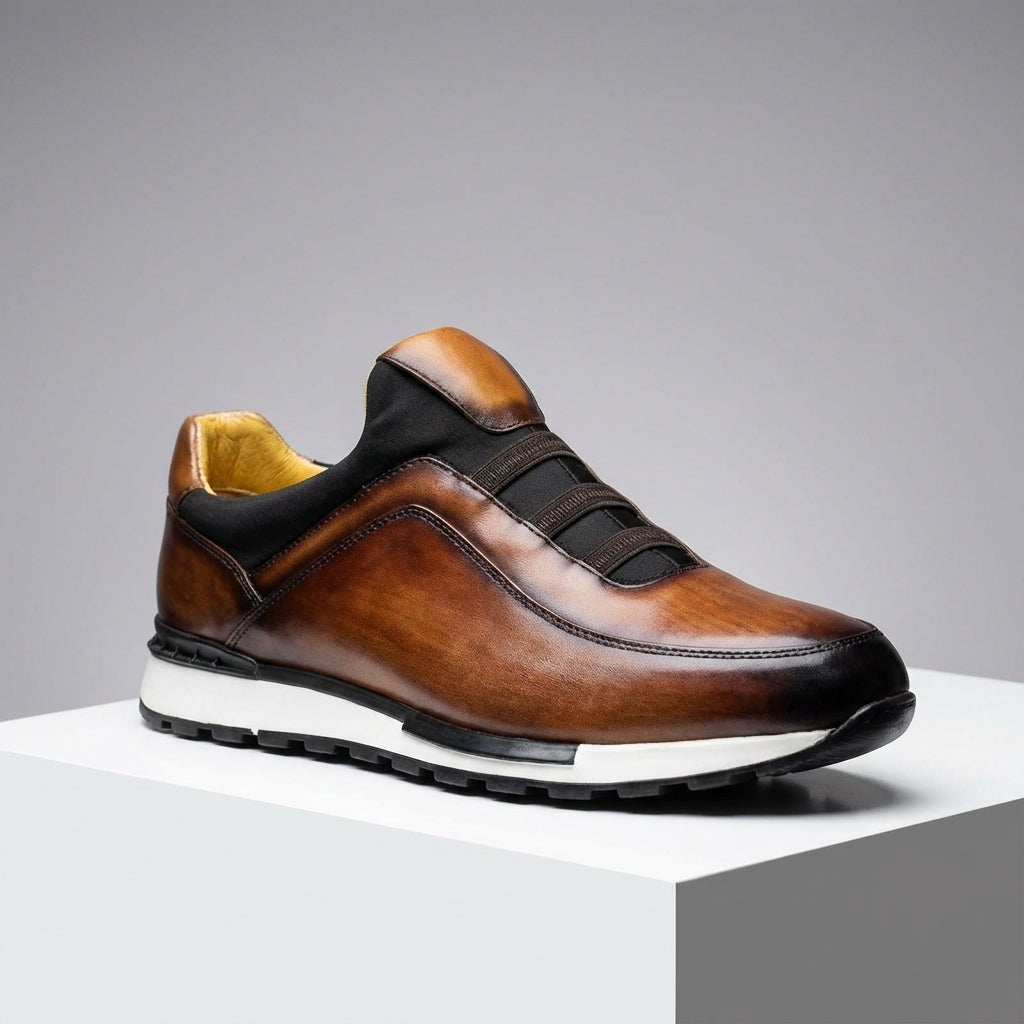 Men's slip-on faux leather trainers with a patina finish, elastic straps and a yellow lining - view 8