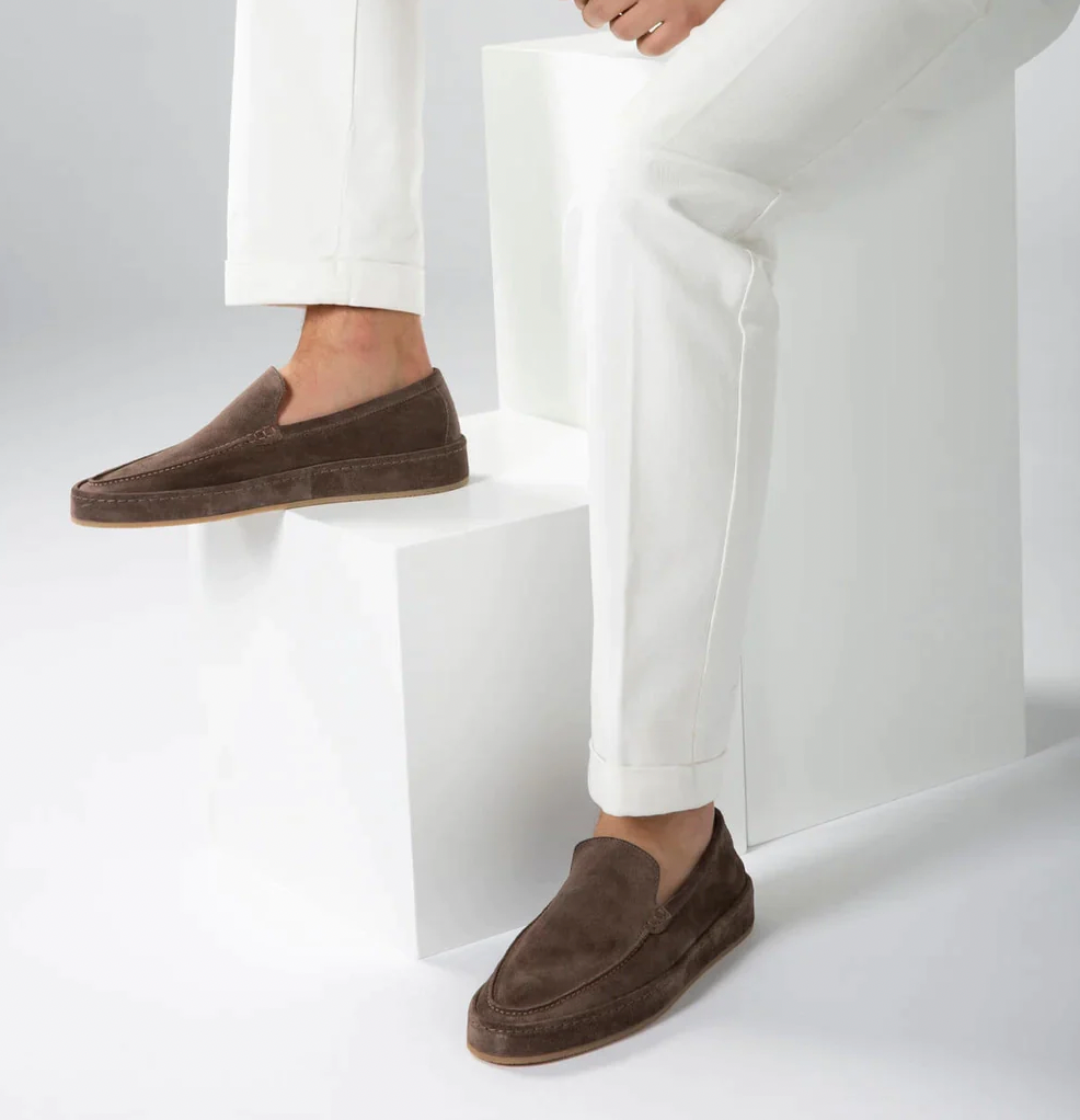 Men's slip-on loafers in a suede look with moc stitching and a wrapped sole edge