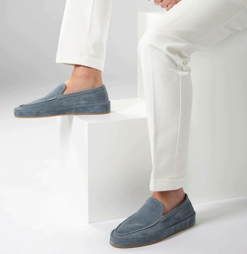 Men's slip-on loafers in a suede look with moc stitching and a wrapped sole edge