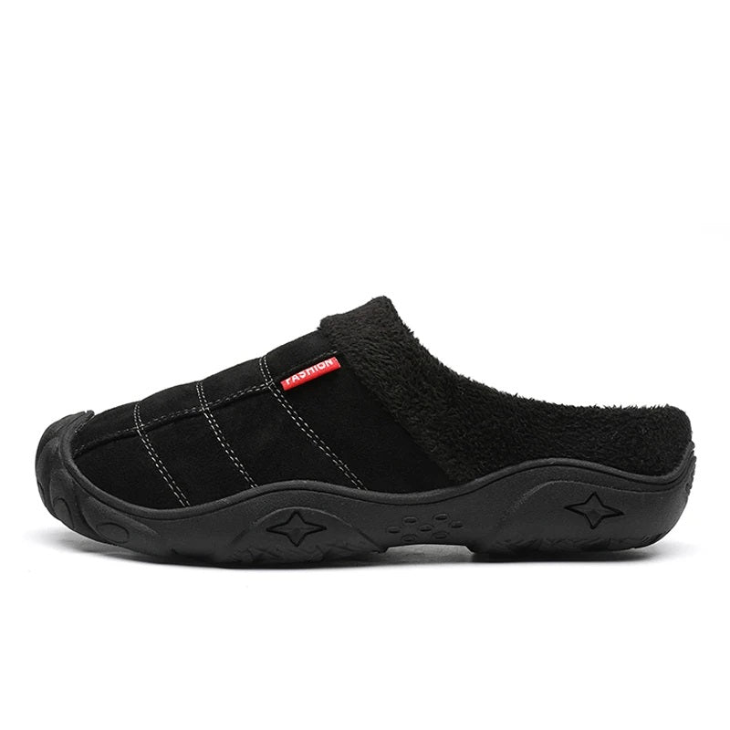 Men's slippers in a suede look with stitched check, small tab, plush lining and toe cap - black