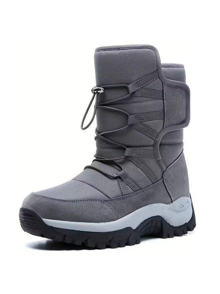 Men's snow boots with elastic laces, a plush lining and a lugged sole - grey