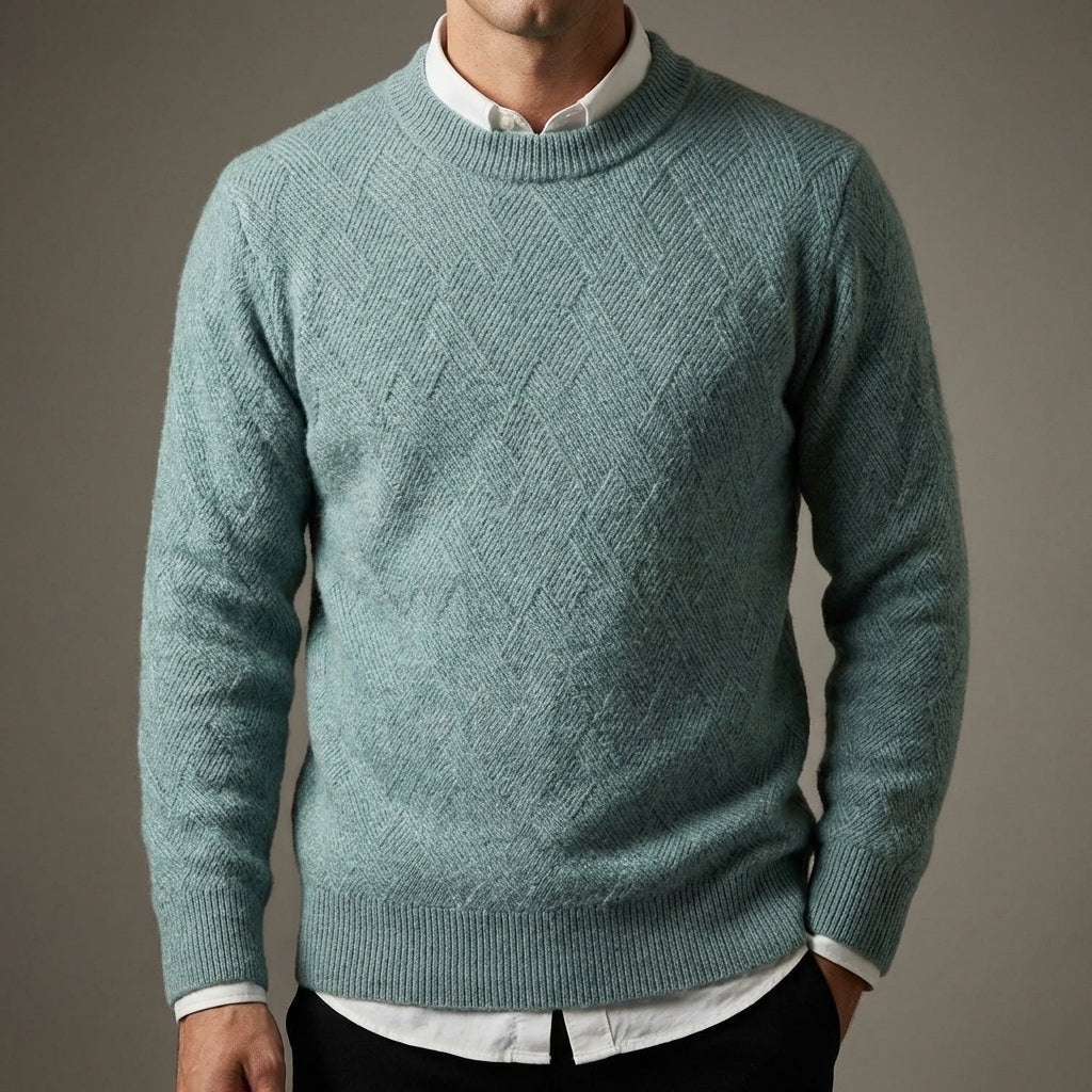 Men's soft crew neck jumper with a tone-on-tone jacquard diamond pattern
