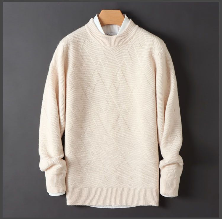 Men's soft crew neck jumper with a tone-on-tone jacquard diamond pattern - cream