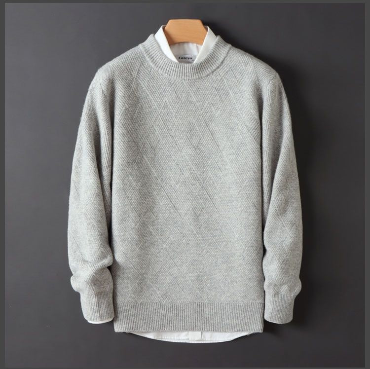 Men's soft crew neck jumper with a tone-on-tone jacquard diamond pattern - light grey