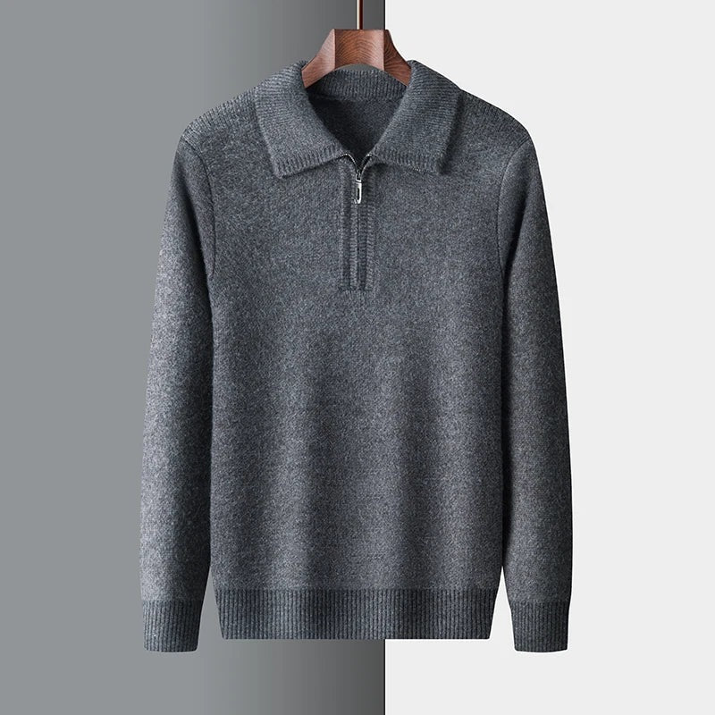 Men's soft knit jumper with a flat polo collar and short zip - grey