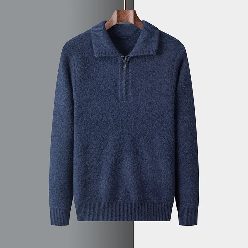 Men's soft knit jumper with a flat polo collar and short zip - navy