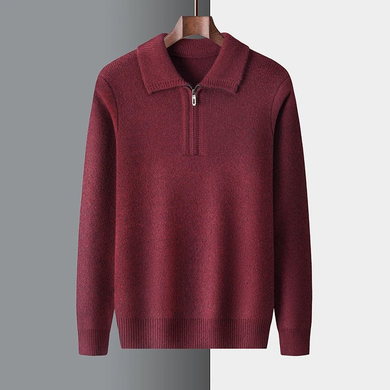 Men's soft knit jumper with a flat polo collar and short zip - burgundy