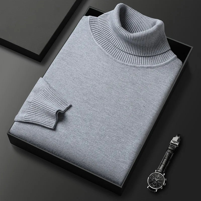 Men's soft roll neck jumper in a fine knit with a ribbed collar - light grey