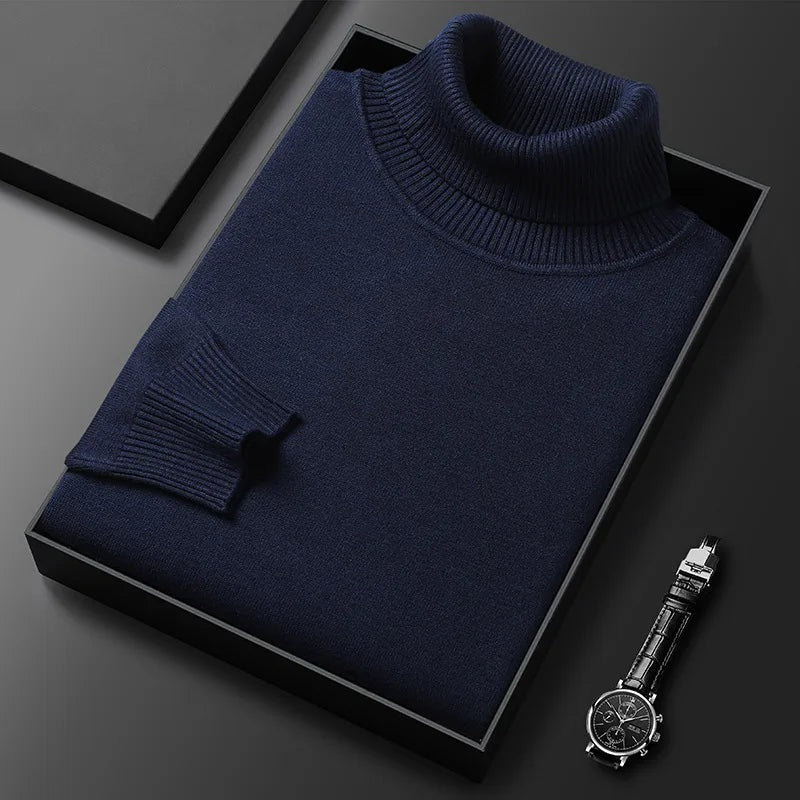 Men's soft roll neck jumper in a fine knit with a ribbed collar - navy