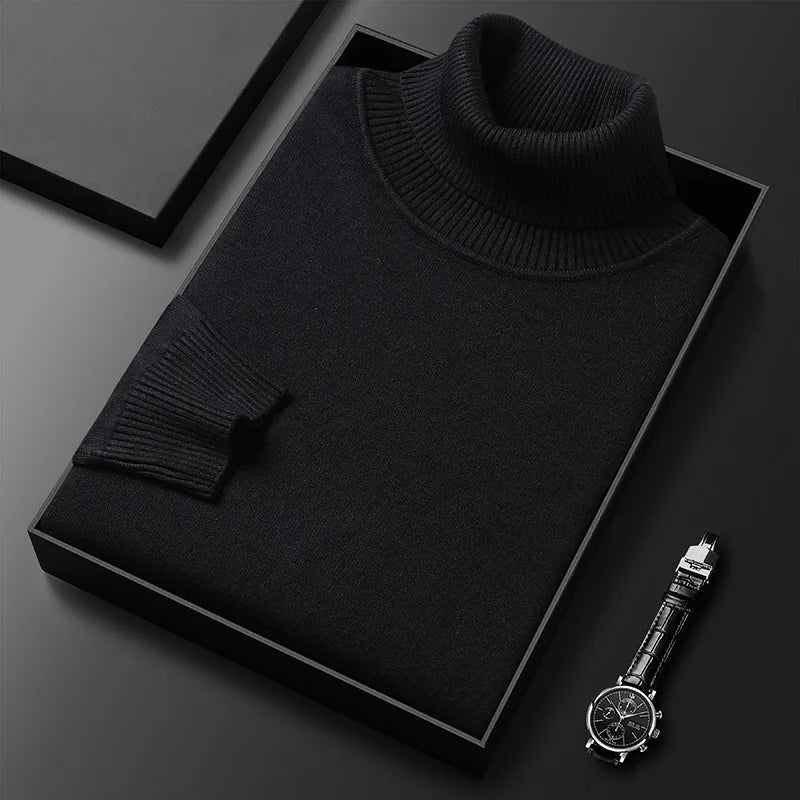 Men's soft roll neck jumper in a fine knit with a ribbed collar - black