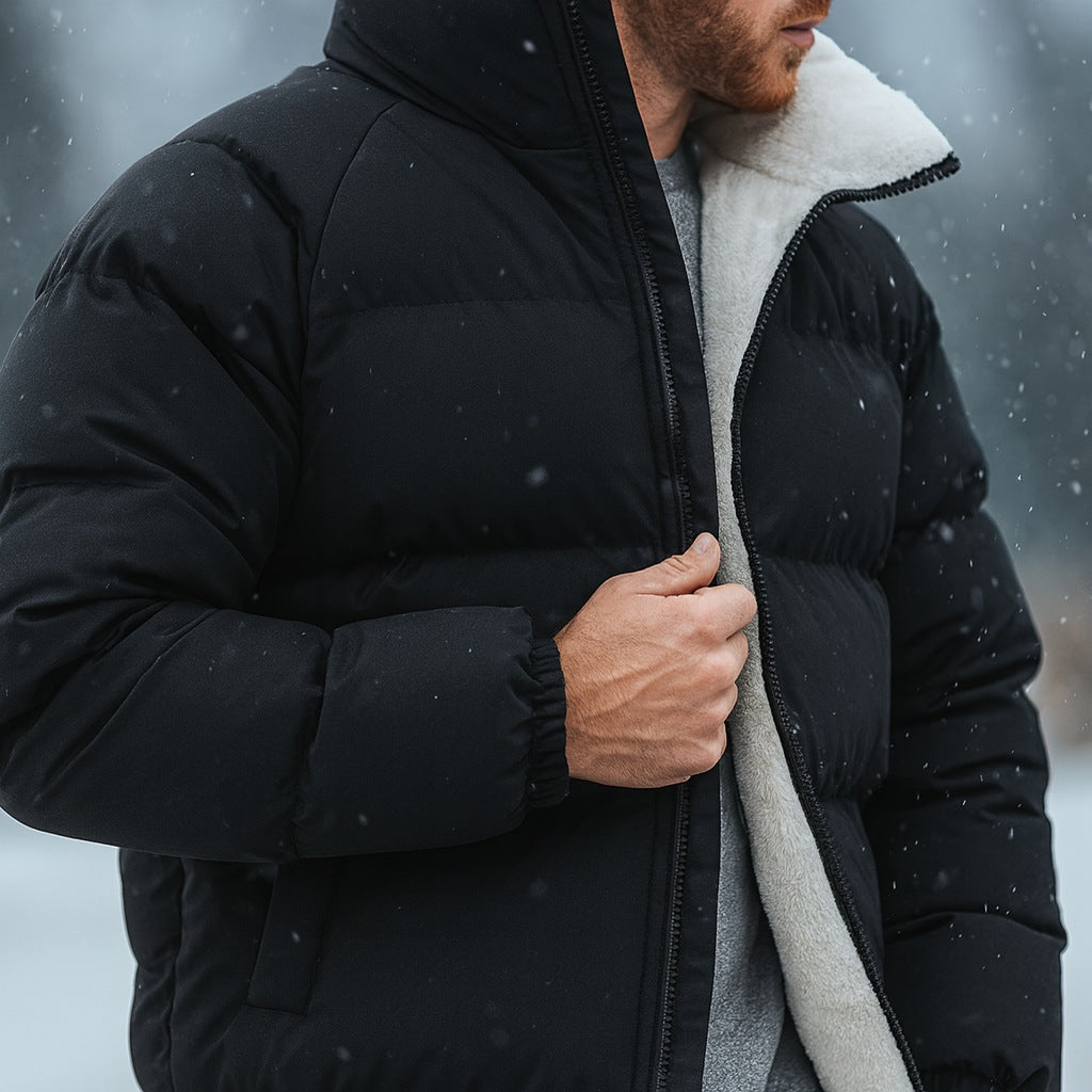 Men's puffer jacket with a fleece lining and stand collar - view 6