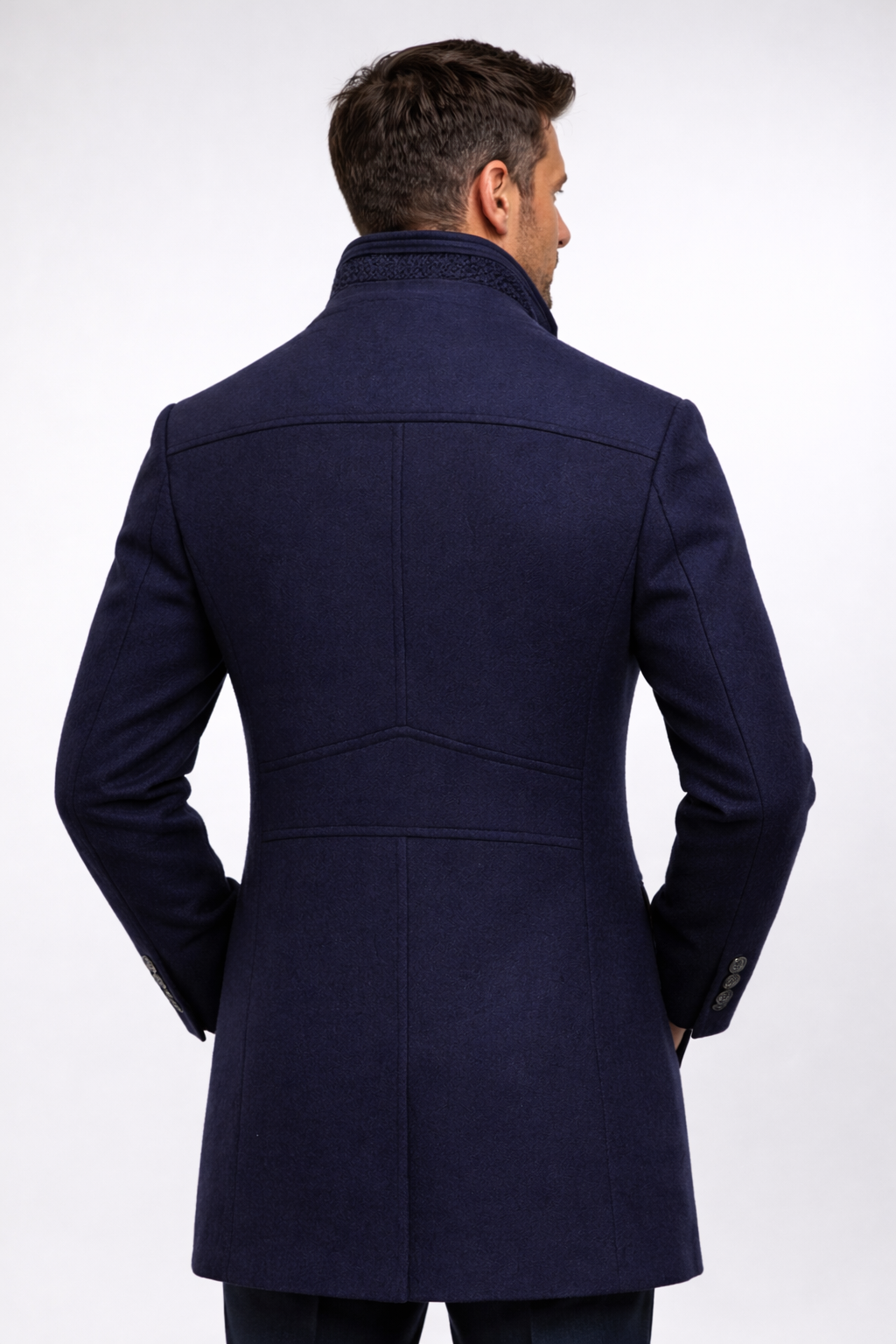 Men's stand collar coat in a wool blend with a knitted neck insert