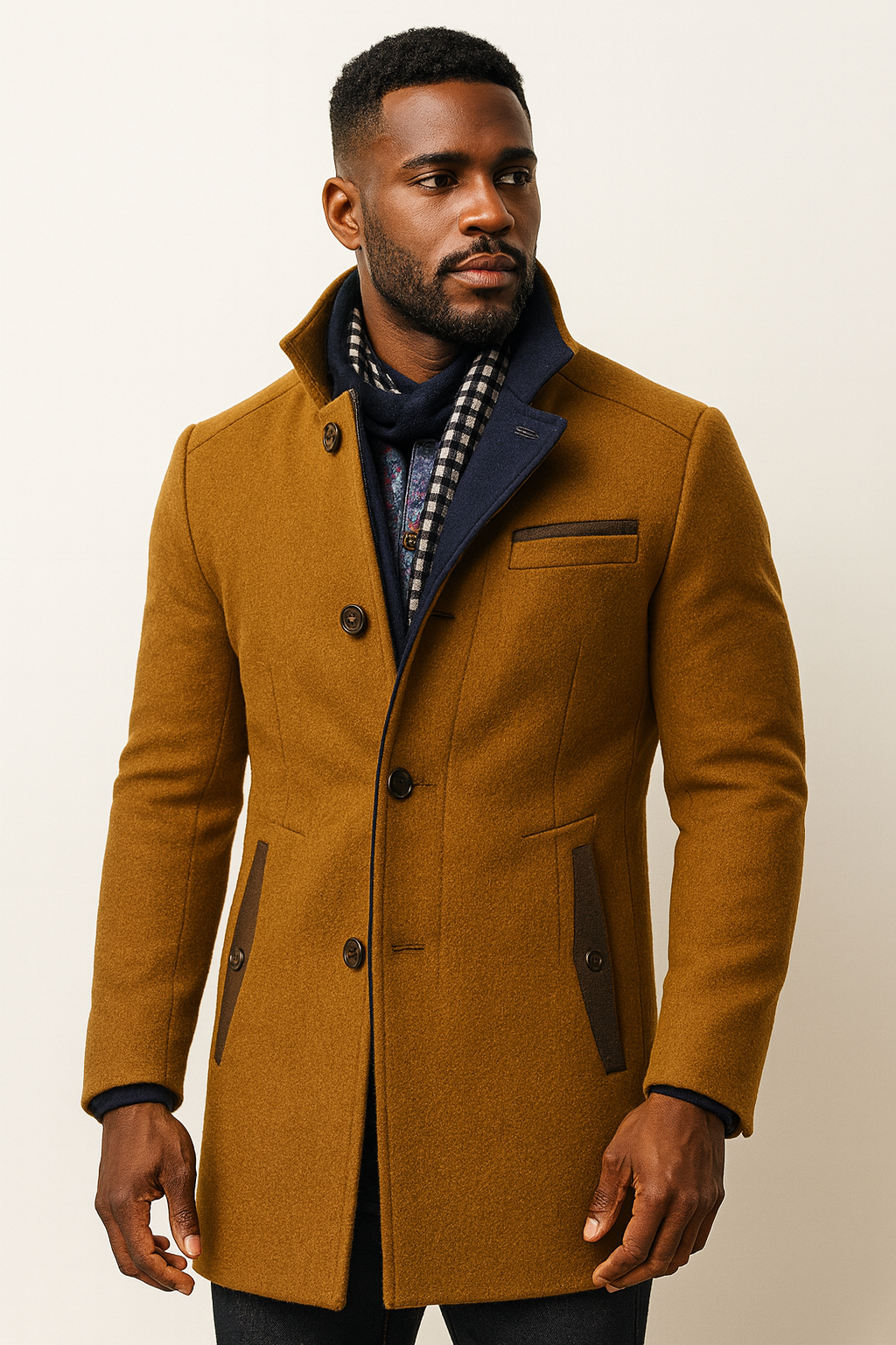 Men's stand collar coat in a wool blend with a knitted neck insert