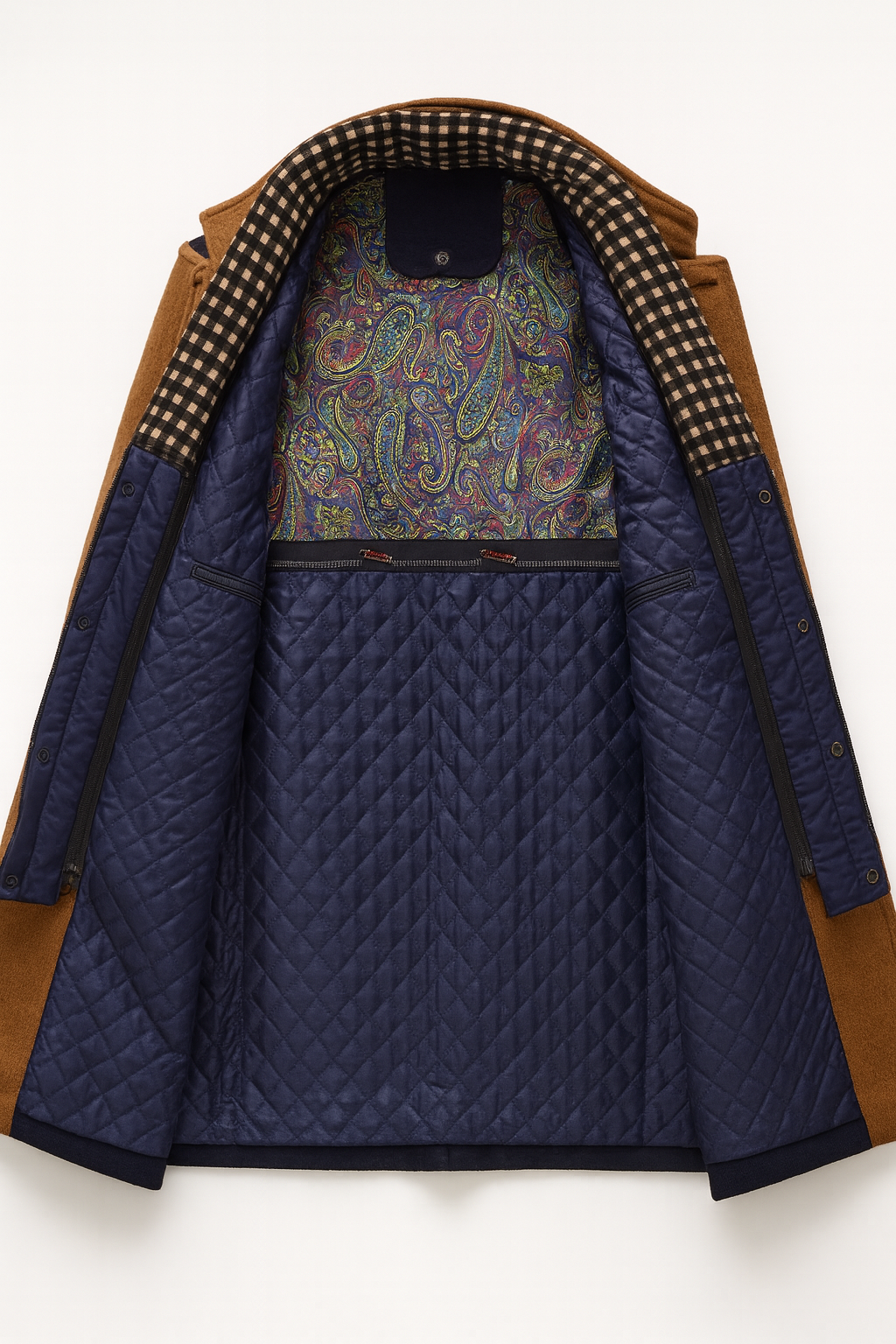 Men's stand collar coat in a wool blend with a knitted neck insert