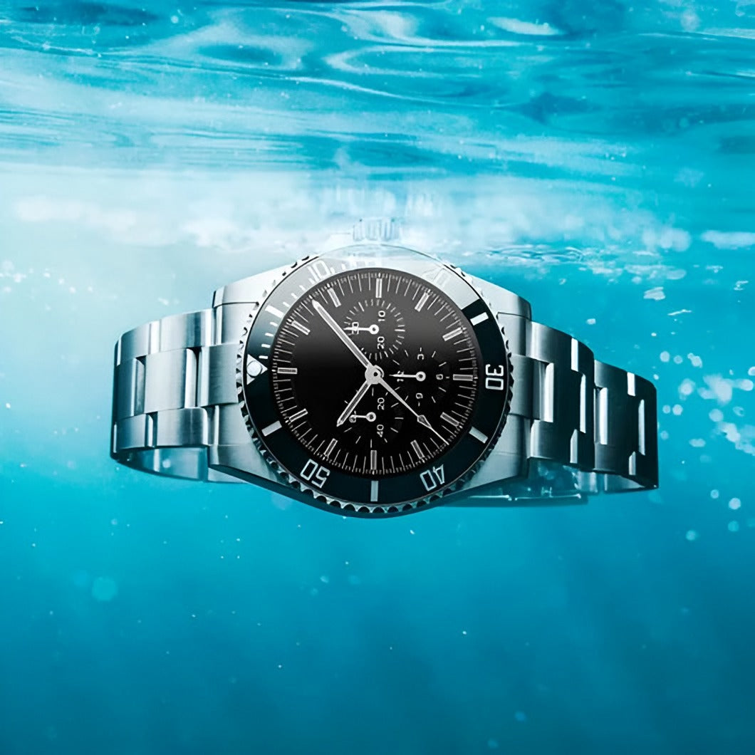 Men's steel smartwatch under water