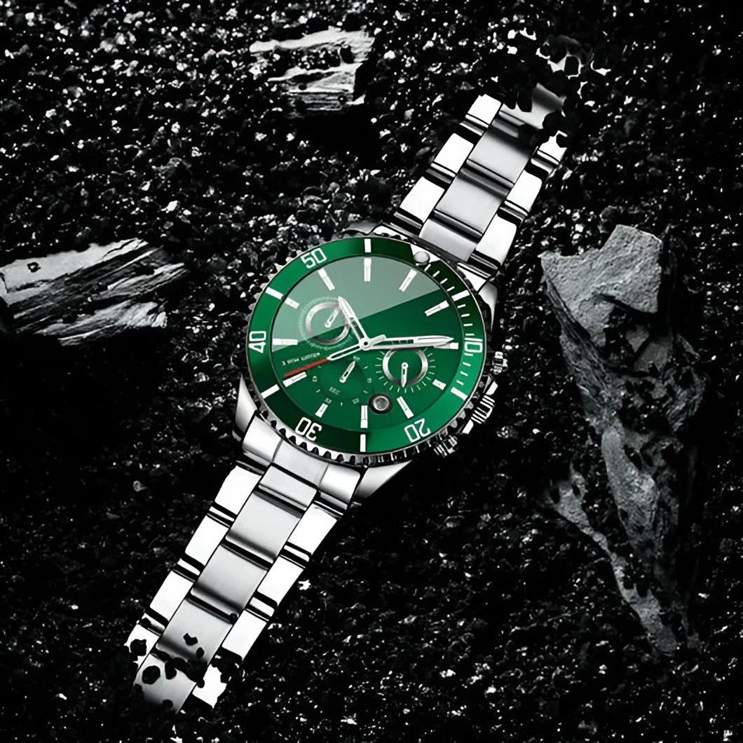 Men's steel smartwatch with a green dial on a dark surface