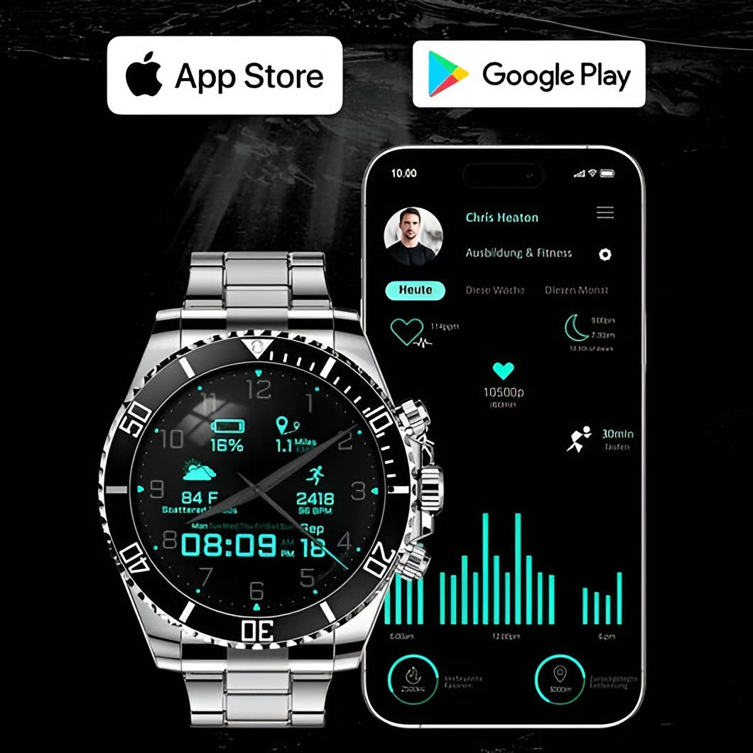 Men's steel smartwatch next to a phone showing the app