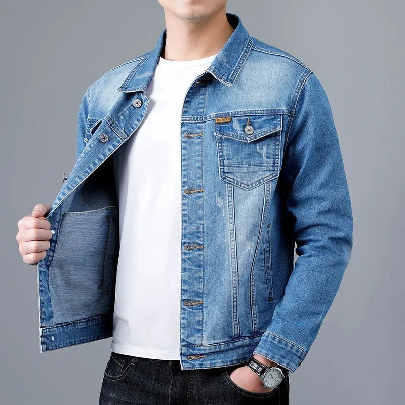 Men's stretch denim jacket with two flap chest pockets - light blue