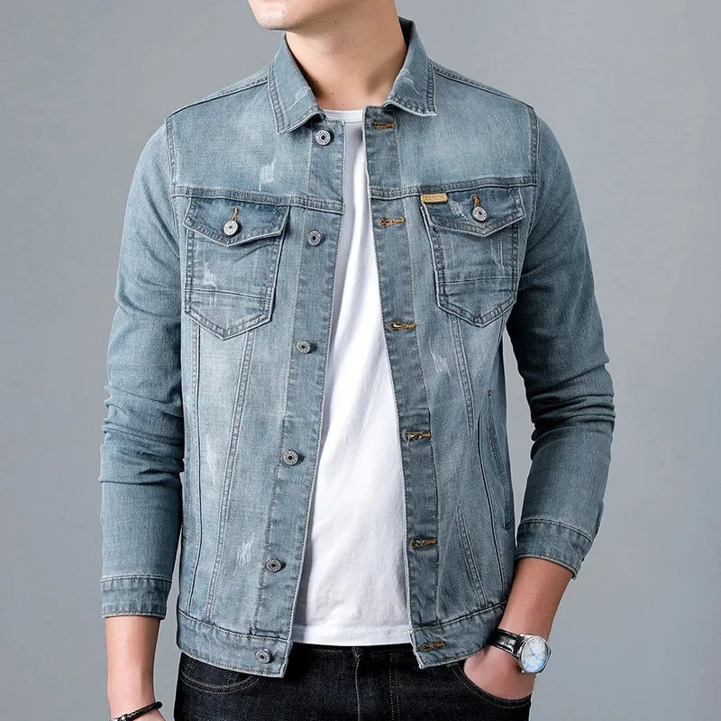 Men's stretch denim jacket with two flap chest pockets - view 5