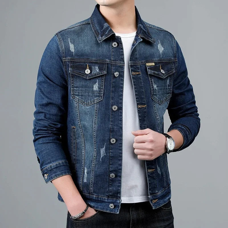 Men's stretch denim jacket with two flap chest pockets - view 7