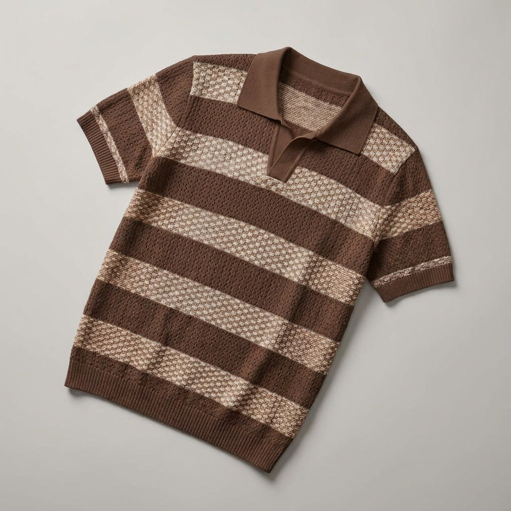Men's knitted polo with wide stripes and an open collar - view 6