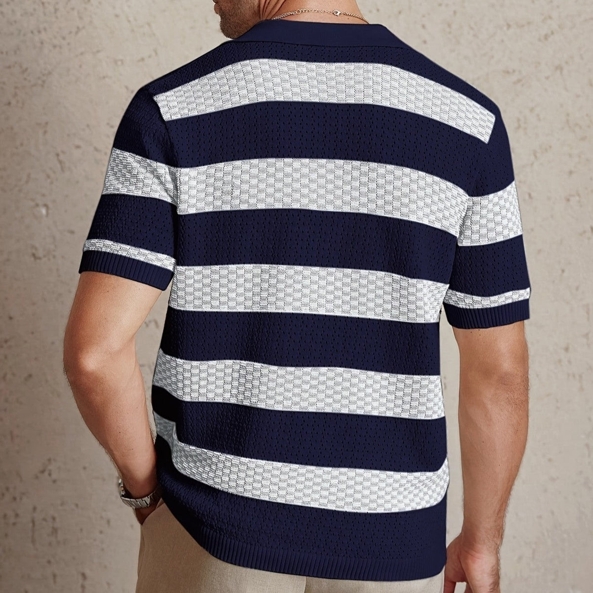 Men's knitted polo with wide stripes and an open collar - view 9