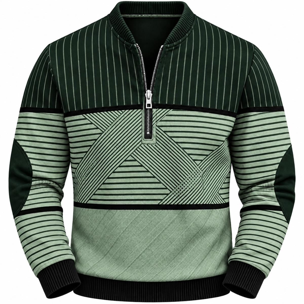 Men's striped quarter-zip sweatshirt with elbow patches - green