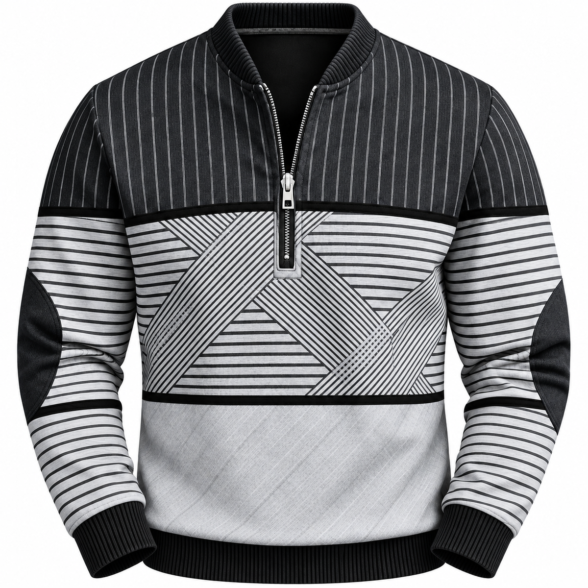 Men's striped quarter-zip sweatshirt with elbow patches - grey