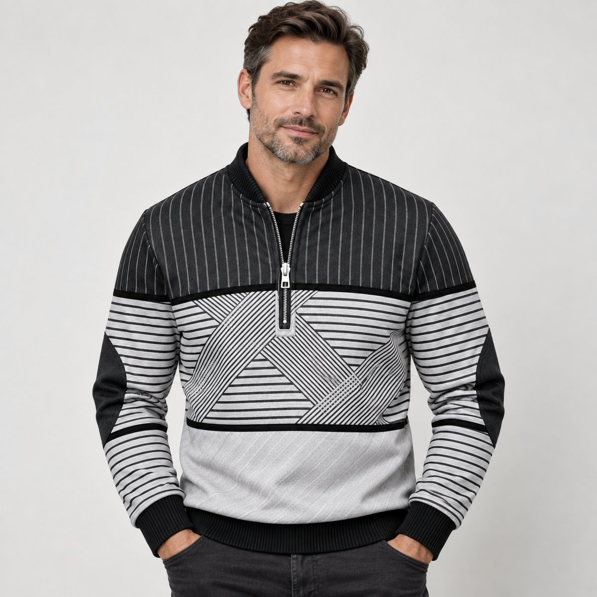 Men's striped quarter-zip sweatshirt with elbow patches