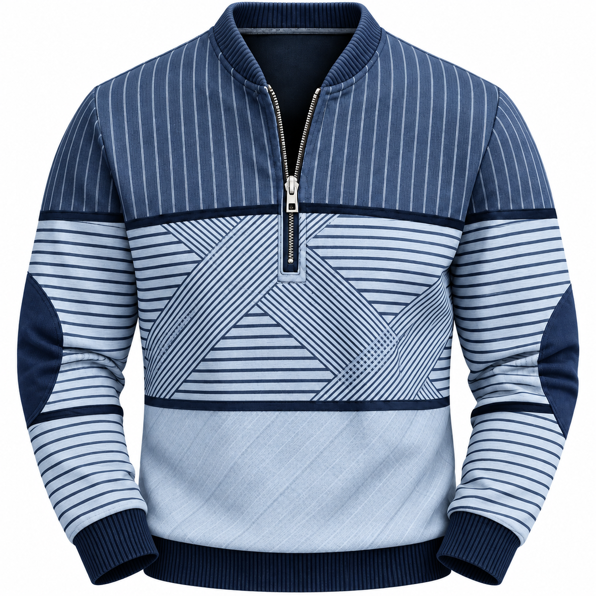 Men's striped quarter-zip sweatshirt with elbow patches - blue