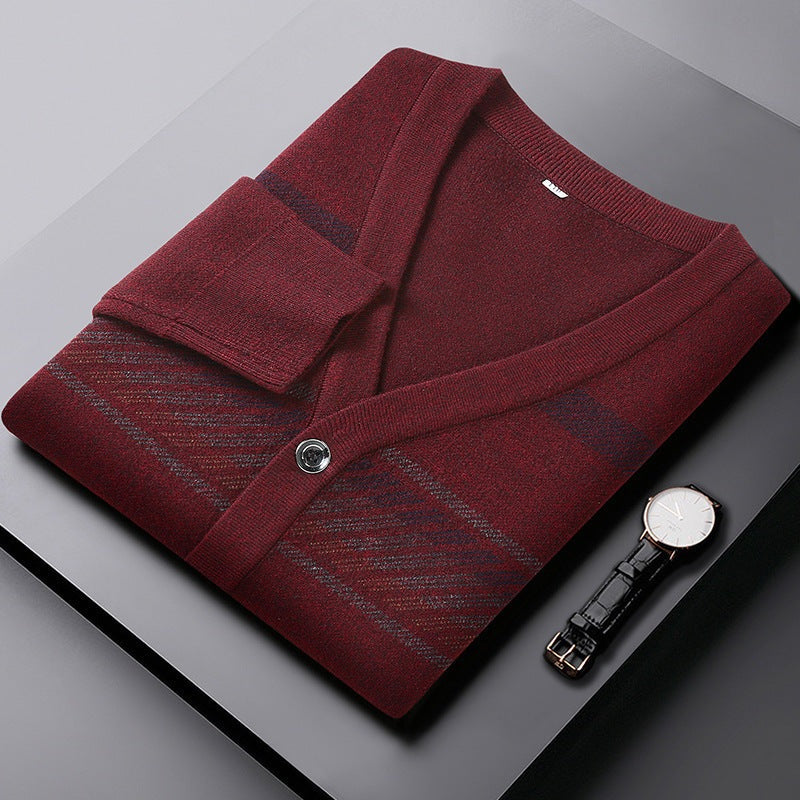 Men's striped V-neck cardigan with a button front and welt pockets - view 10