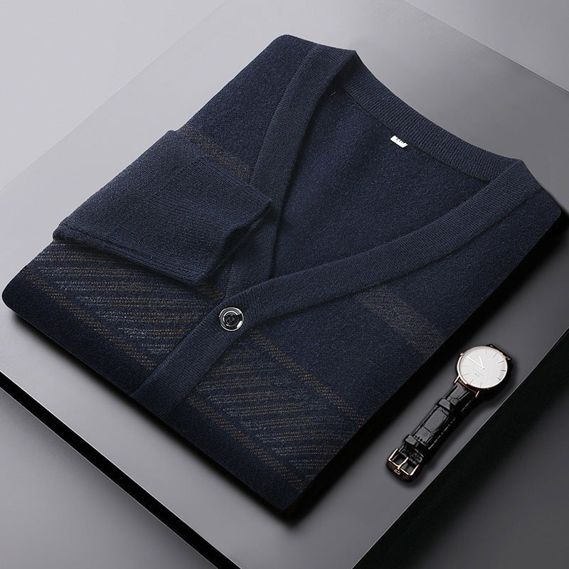 Men's striped V-neck cardigan with a button front and welt pockets - view 8