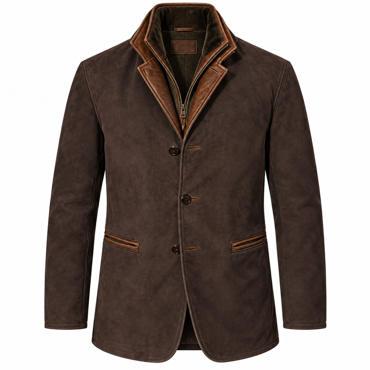 Men's suede-look blazer with a double collar and zip insert - dark brown