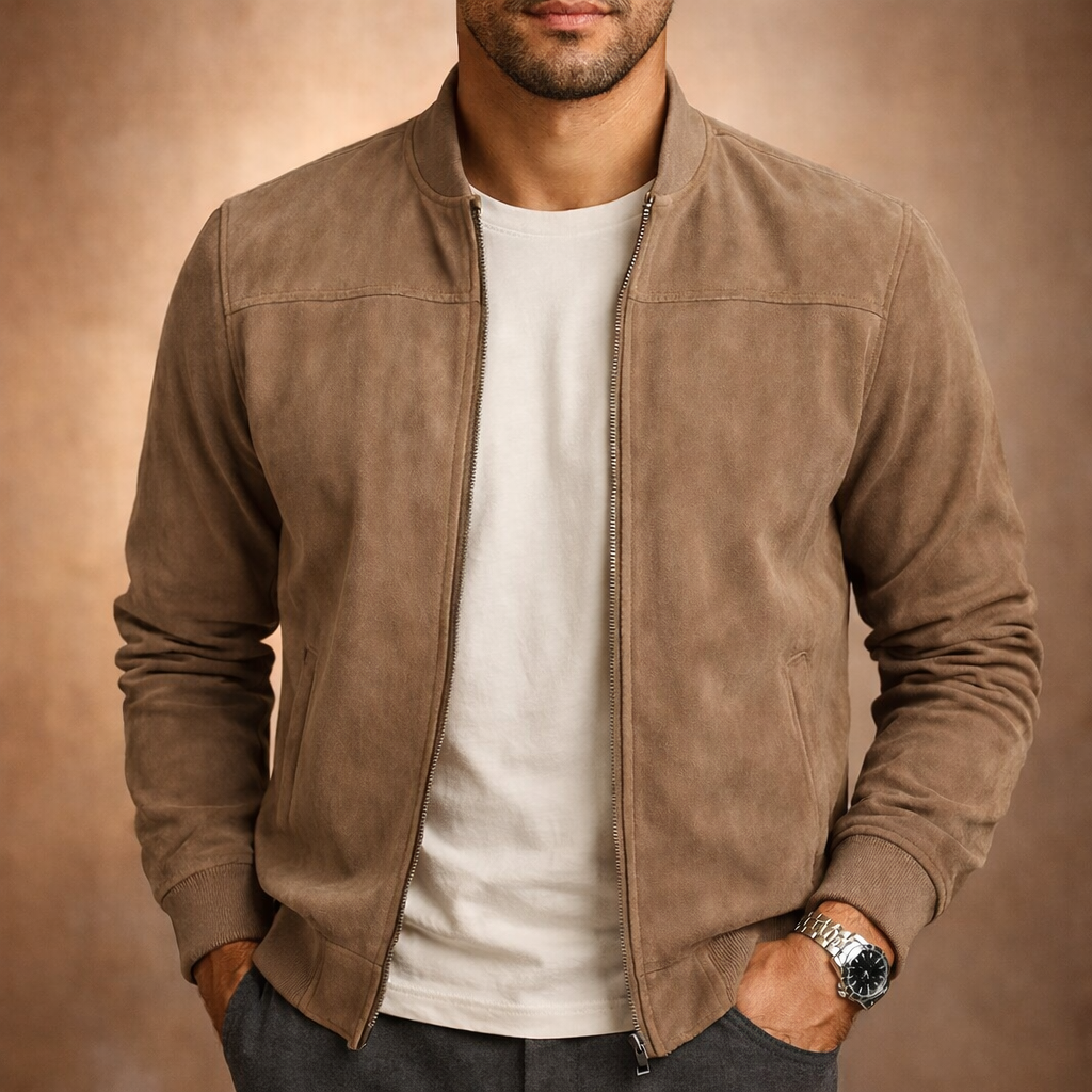 Suede look bomber jacket for men with full zip, ribbed collar, cuffs and hem - taupe