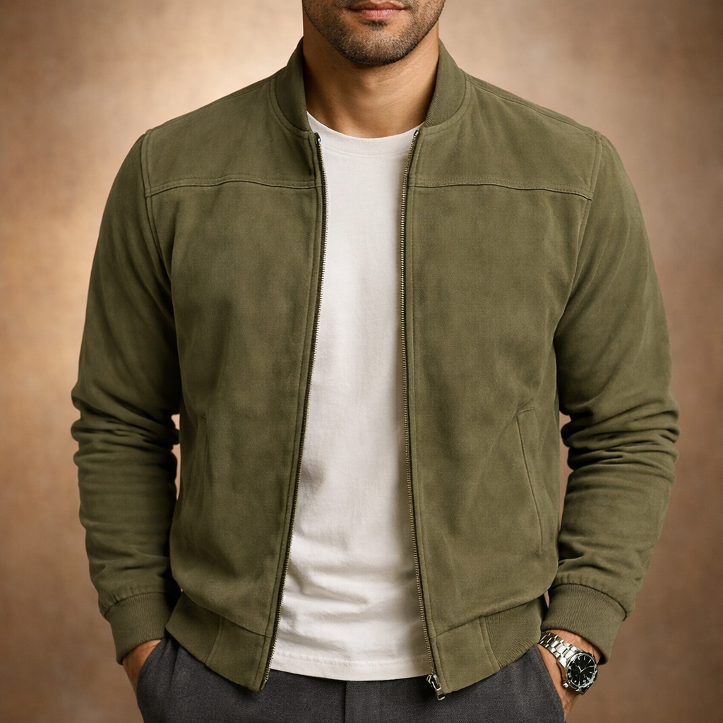 Suede look bomber jacket for men with full zip, ribbed collar, cuffs and hem - olive