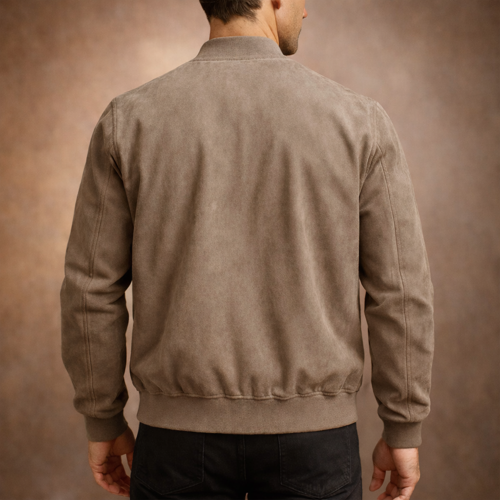 Suede look bomber jacket for men with full zip, ribbed collar, cuffs and hem