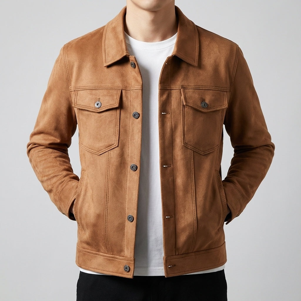 Men's lightweight suede-look jacket with a point collar and flap chest pockets - view 2
