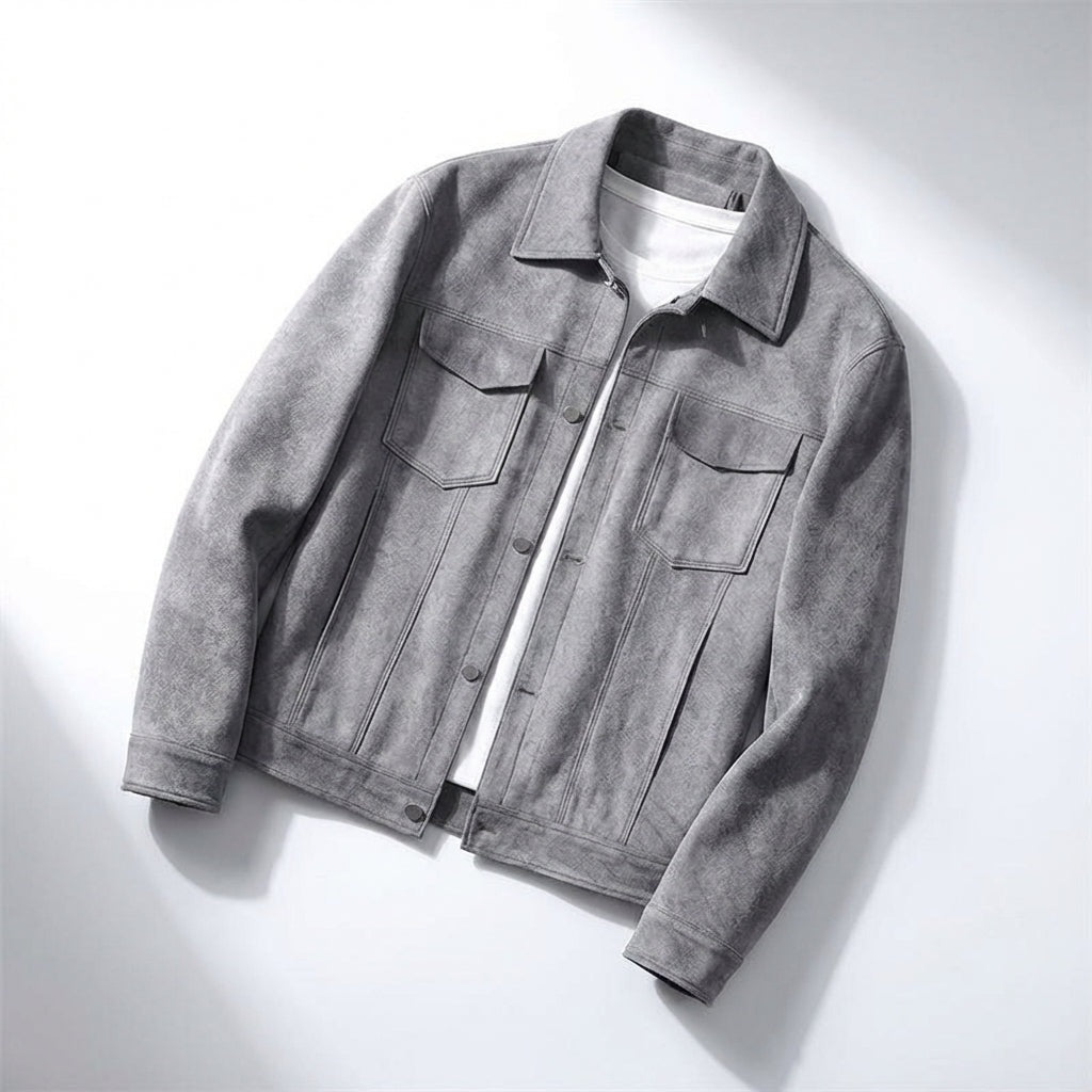 Men's lightweight suede-look jacket with a point collar and flap chest pockets - grey