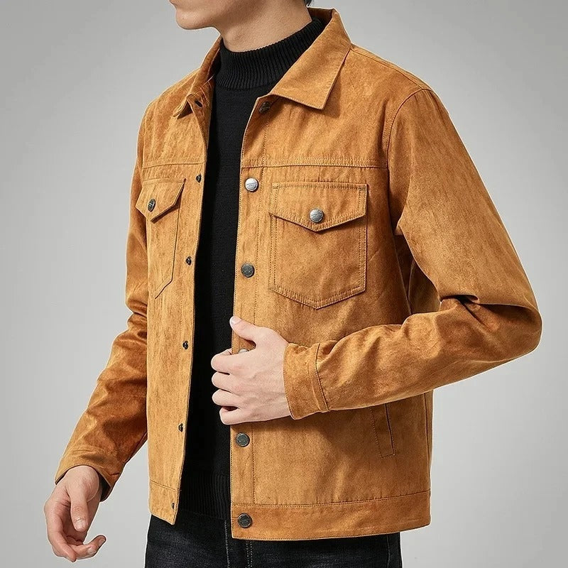 Men's suede-look jacket with a point collar and flap chest pockets - camel