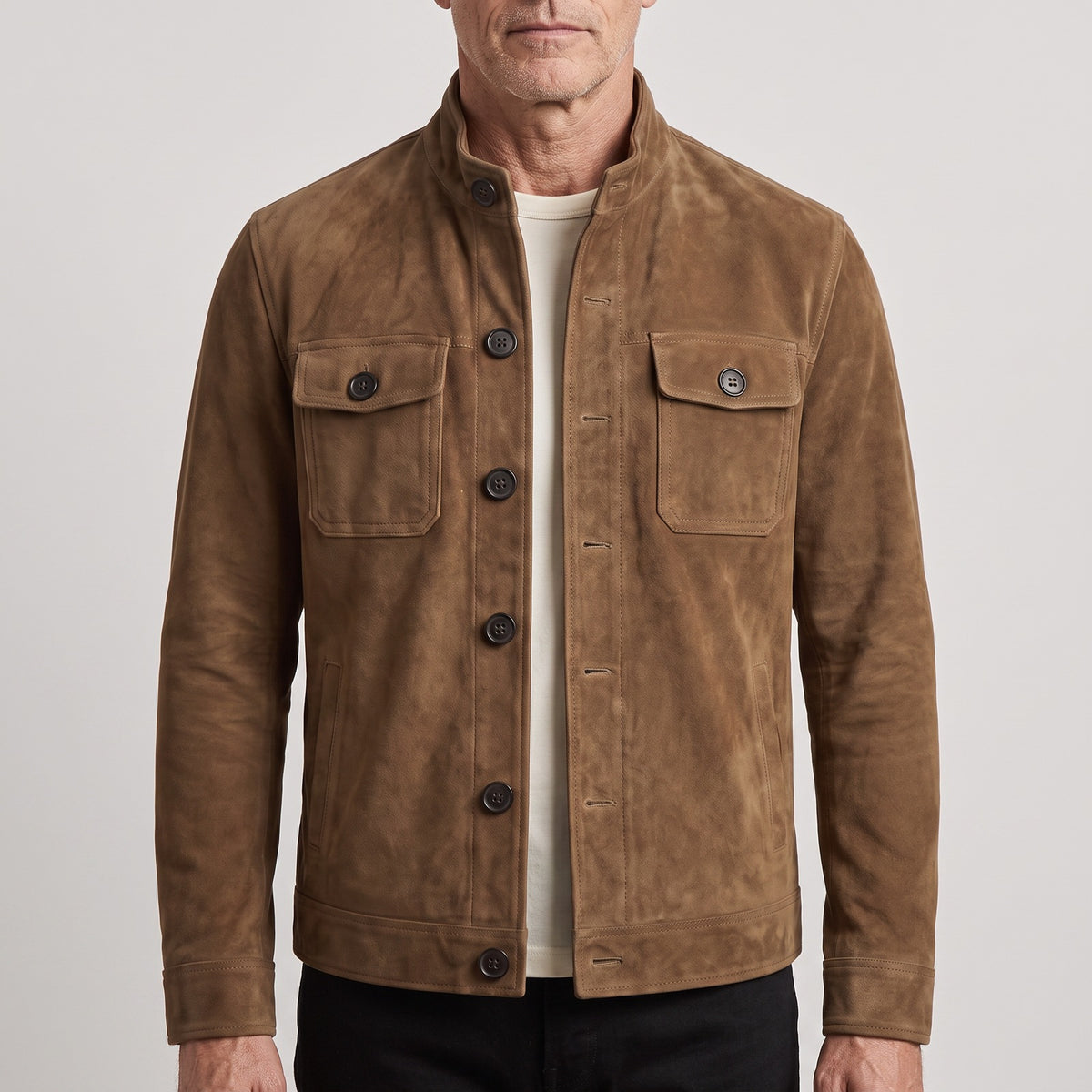Men's suede-look shirt jacket with a stand collar and chest pockets - brown