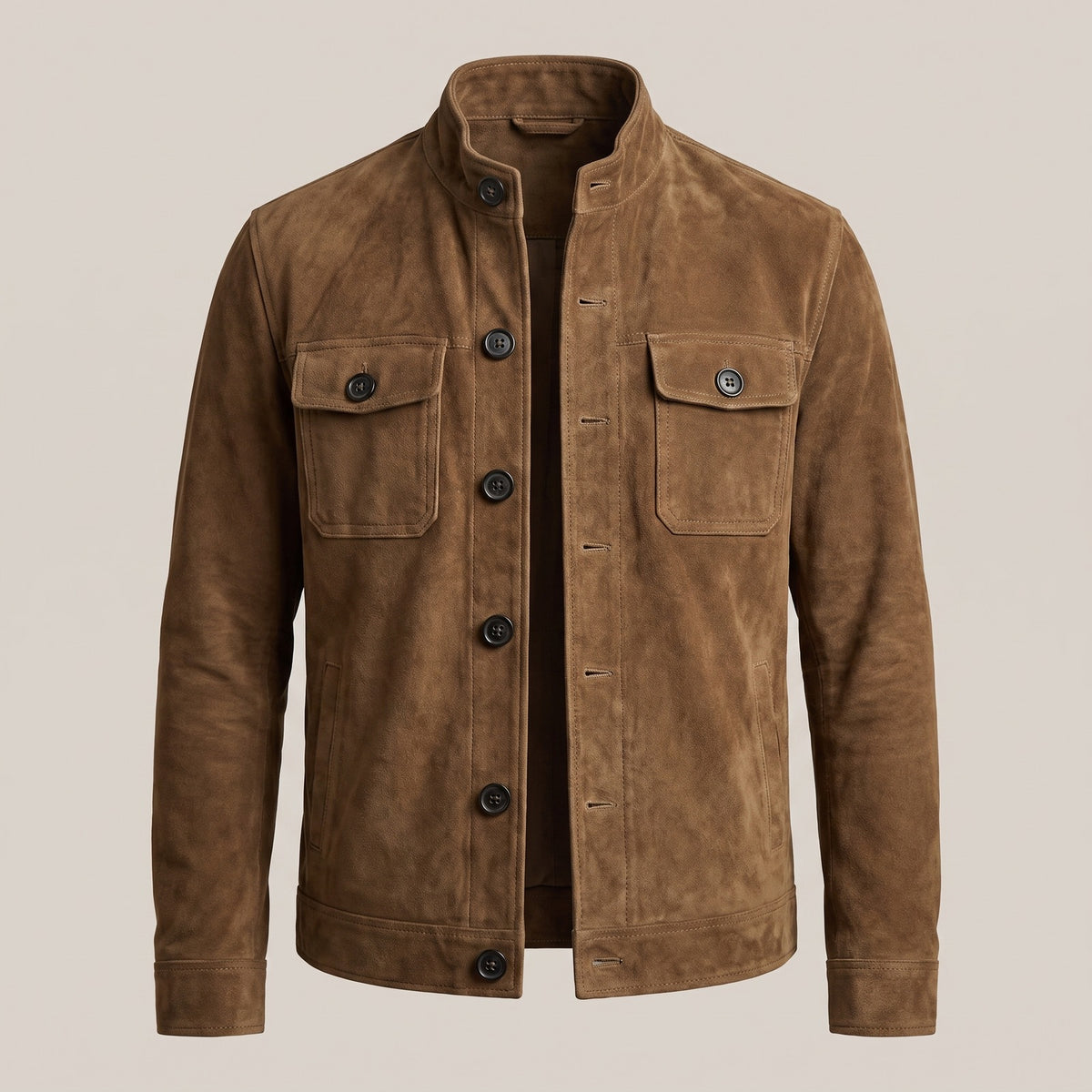 Men's suede-look shirt jacket with a stand collar and chest pockets - brown
