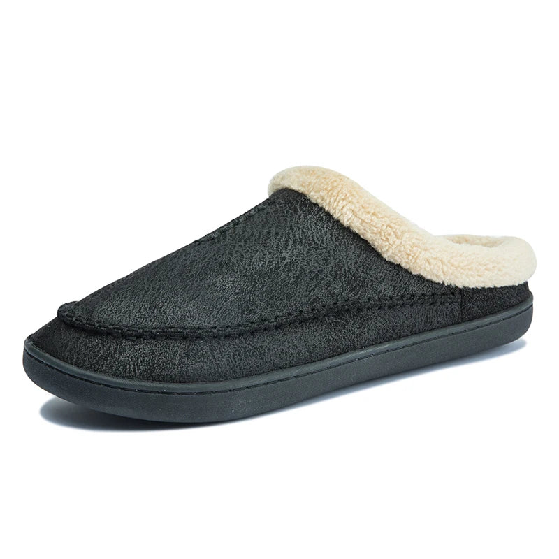 Men's slippers in a suede look with moccasin stitching, folded teddy collar and open heel - black