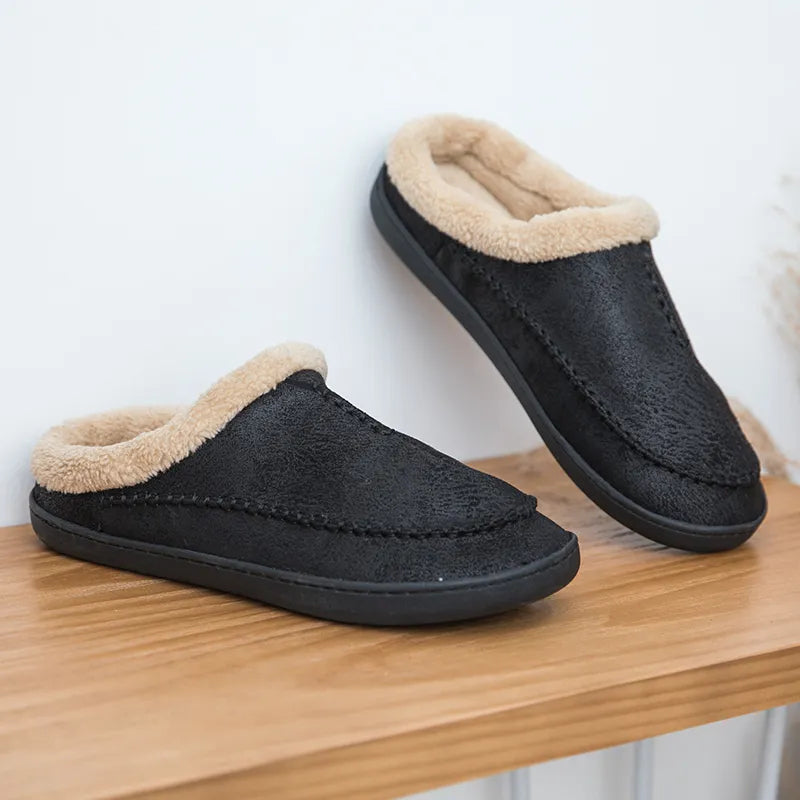 Men's slippers in a suede look with moccasin stitching, folded teddy collar and open heel - view 5