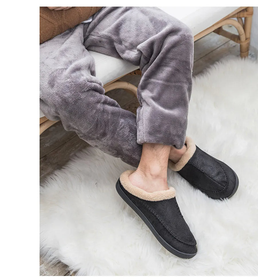 Men's slippers in a suede look with moccasin stitching, folded teddy collar and open heel - view 7