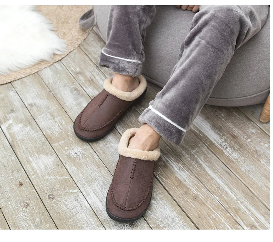 Men's slippers in a suede look with moccasin stitching, folded teddy collar and open heel - view 9