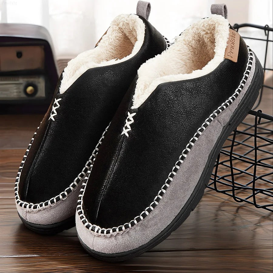Closed men's slippers in suede look with teddy lining and a hard sole with tread - view 2