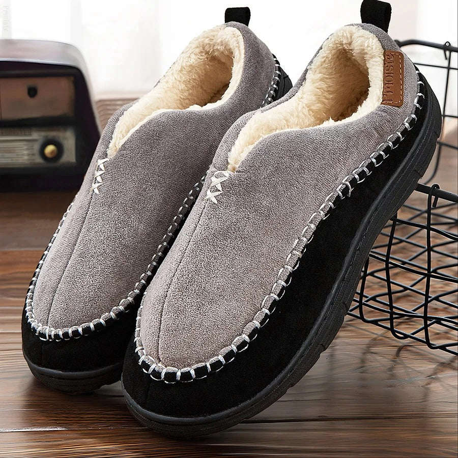 Closed men's slippers in suede look with teddy lining and a hard sole with tread - view 4