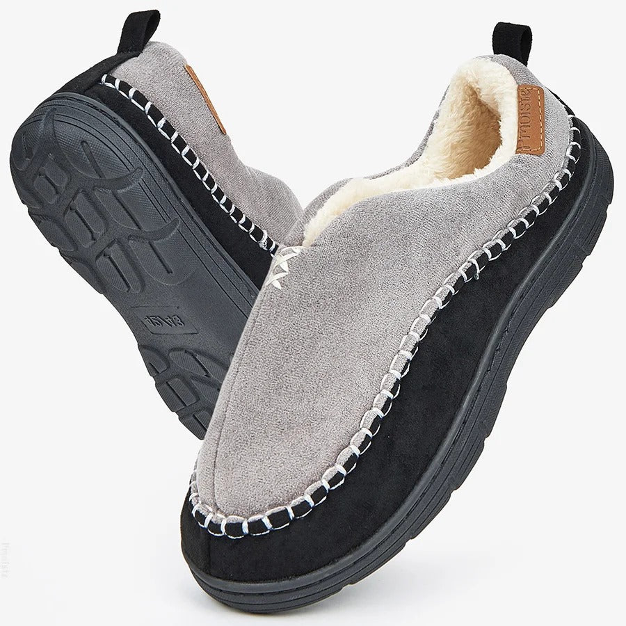 Closed men's slippers in suede look with teddy lining and a hard sole with tread - grey